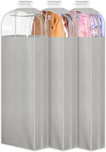 MISSLO 10" Gusseted Garment Bags for Hanging Clothes Storage 60" Dress Bags for Gowns Long Breathable Dress Cover for Closet Storage Coat Protector, 3 Packs, Grey by MISSLO