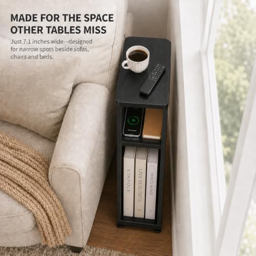 Narrow Side Table with Charging Station Small Spaces Narrow End Table - Image 6
