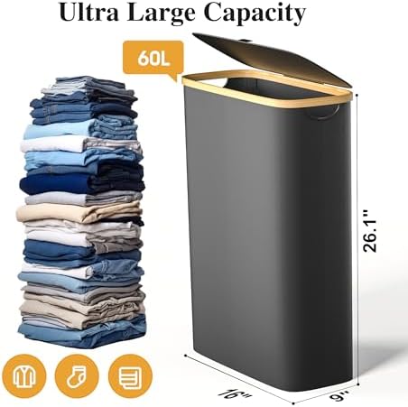 Foluck Slim Laundry Hamper, 60L Waterproof Narrow Laundry Basket with Lid and Removable Bag, Collapsible Tall Clothes Hamper with Bamboo Handles for Clothes Toys in Dorm Bedroom Bathroom, Black - Image 2