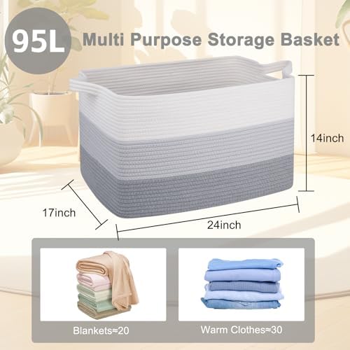 OIAHOMY Extra Large Blanket Basket, 95L Cotton Rope Woven Laundry Basket, Toy Bin for Baby Room, Container for Blanket Storage in Living Room, 24''×17''×14'', Gradient Grey - Image 4