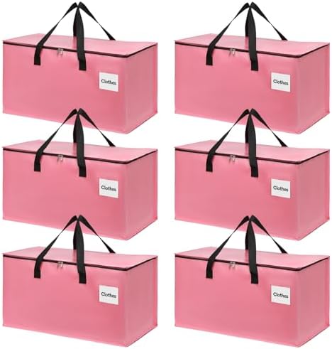 6 Pack Extra Large Heavy Duty Moving Bags with Reinforced Zipper & Wide Carrying Handles, Durable Storage Totes for Clothes Packing, College Dorm, Travel & Home Organization, Pink by YeueysMovingEasy
