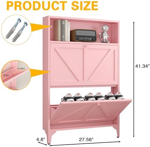 Shoe Cabinet with 2 Flip Drawers, Narrow Shoe Storage Cabinet, Farmhouse Shoe Organizer, Freestanding Organizer with Metal Legs for Entryway, Foyer (Pink, 2 Door) - Image 3