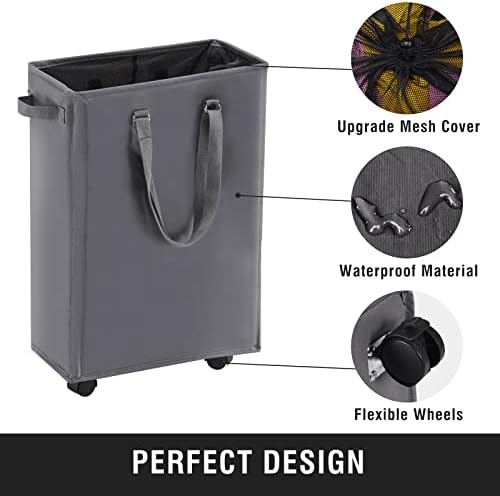 45L Slim Rolling Laundry Basket with Wheels & Adjustable Long Handles, Grey - Image 5