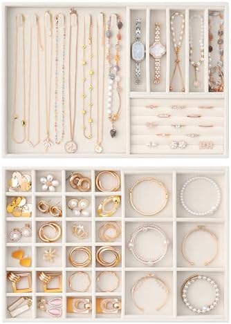 Lolalet Jewelry Drawer Organizer Inserts, Stackable Velvet Tray Jewelry Storage Organizers Set Display Cases for Necklaces Bracelets Earrings Rings Chains Bangles Watches, Beige, Set of 2 by Lolalet