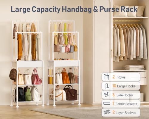 DIMJ Purse Organizer for Closet - Floor-standing Handbag Organizer Rack with 16 Hooks, Purse Storage Shelf Stand for Handbags, Totes, Wallets, Scarves, Bedroom Entryway and Walk-in Closet, White - Image 2