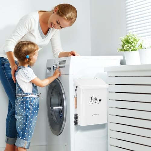 Magnetic Lint Bin for Laundry Room with Brush & Hook - Large Laundry Organizer and Storage, Wall Mounted Trash Can with Lid, Space-Saving Dryer Lint Holder Laundry Room Decor, White - Image 3