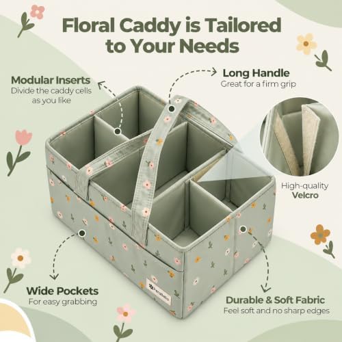 PeraBella Baby Diaper Caddy Organizer, Floral Baby Basket Shower Gift, Nursery Organizer Basket Newborn Boy & Girl Essential Items, Changing Table Organizer Caddy for Baby Stuff, Car Caddy- Sage Green - Image 3