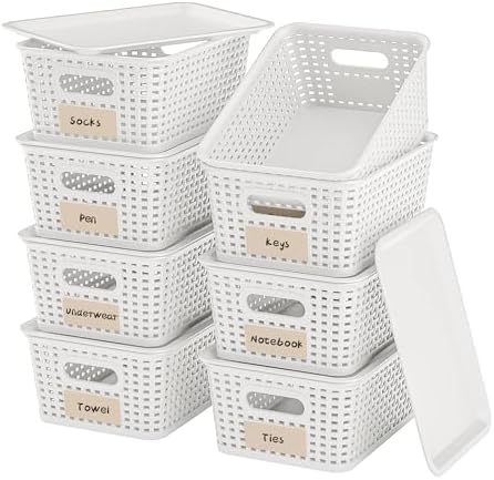 8 Pack Plastic Storage Baskets,White Stackable Bins with Lid by WRRLORS