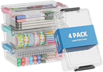 BiuLeon 4 Pack Extra Large Pencil Box, Plastic Pencil Case Organizer, Clear Crayon Box Marker Organizer, Stackable Craft Organizers and Storage for Pen, Craft, Art Supply(Green/Blue/Pink/Black) by Unknown