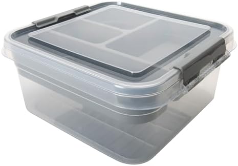 Simplify 5 Compartment Gift Supply Storage Box | 2 Tier Box | Red | Clear Top Lid | Dimensions: 9.5"x 9.5"x 4.5" | Snap Handle| Storage | Wrapping Accessories| Grey by Simplify