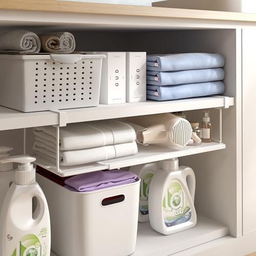 Expandable Under Cabinet Shelf, Extendable Under Shelf Storage with 0.94 Inches Thick Clips for Pantry Cabinet, Laundry Room, Shoe Rack.(White, 1 Pack, Interior: 3.66" H x 8.26" D) - Image 5