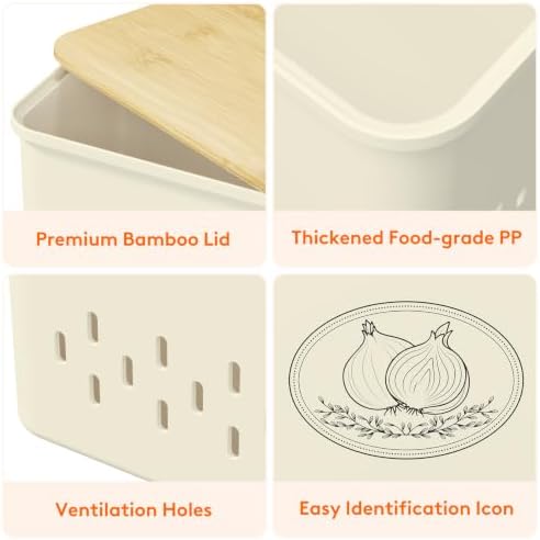 Lifewit Plastic Potato and Onion Storage Bin Box, Set of 3, Beige - Image 3