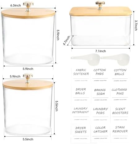 3 Pack Laundry Room Organization Storage Containers, Plastic Clear Laundry Pods Container & Dryer Sheet Holder Jars with Lids, Scoops & Labels for Detergent, Powder, Dryer Balls, Beads - Image 2