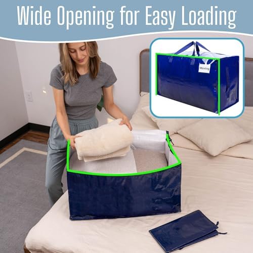VENO 4 Pack Extra Large Heavy Duty Moving Bags with Wide Opening & Reinforced Handles, Reusable Storage Tote Bags with Strong Zippers for Clothes, College Dorm Essentials & Moving Supplies - Image 2