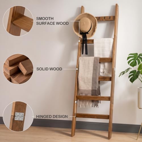 TEAKMAMA 6-Tier 5.4ft Blanket Ladder with Hooks Farmhouse Honey Brown - Image 4