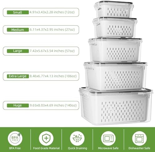 KEMETHY 5 Pack Fruit Storage Containers for Fridge with Removable Colanders - Food Storage Containers with Lids, BPA-Free Produce Containers Keep Fruits, Vegetables, Berry, Meat Fresh Longer - Image 3