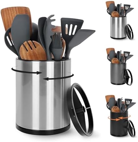 Nigelia Extra Large Kitchen Utensil Holder, 360° Rotating Stainless Steel Cooking Utensil Holder for Countertop, 3 Compartment Flatware Organizer & Cooking Caddy with Removable Base（Silvery） by Nigelia