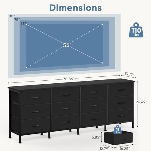 DUMOS TV Stand for Bedroom with Storage TV Stands for Living Room Black, 12 Drawer Dresser Farmhouse Entertainment Center for up to 80 Inch TVs, Media Console Table with Metal Frame Adjustable Feet - Image 3