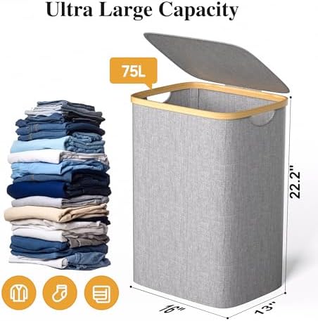 Foluck Large Laundry Hamper, 75L Waterproof Laundry Basket with Lid and Removable Bag, Collapsible Tall Clothes Hamper with Bamboo Handles for Clothes Toys in Dorm Bedroom Bathroom, Grey - Image 2