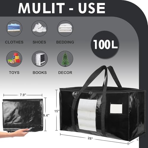 8 Pack Extra Large Moving Bags Heavy Duty 180GSM,130LBS 100L Totes with Visible Window, Zippers & Wrap-Around Handles, Waterproof Reusable, Alt to Moving Boxes, Black - Image 2