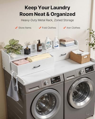 VEVOR 2 Drawers Washer Dryer Countertop with Shelf, 54" x 27" Wooden Laundry Countertop with 2 Hooks & Splicing Panels, Washer and Dryer Topper, Laundry Room Organization and Storage, White - Image 2