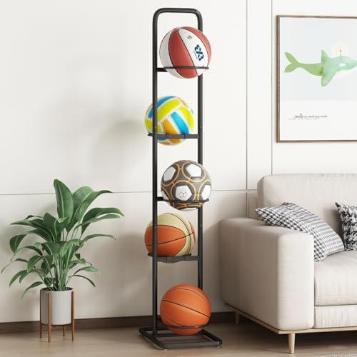 Vertical Ball Rack -basketball rack- Durable Carbon Steel Storage for Basketball, Soccer, Volleyball, and More - Easy to Assemble, Waterproof, Sturdy - 56.7" H by EfficientCleanStrong