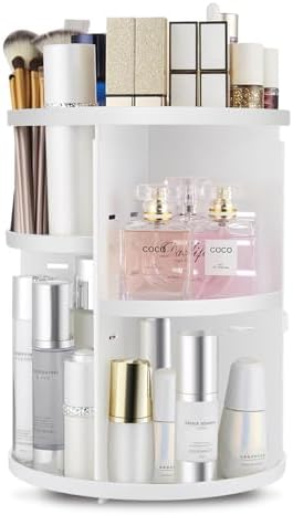 seinlife 360 Rotating Makeup Organizer,DIY Adjustable Spinning Holder,Foldable Cosmetic Storage Display box,Large Capacity Make up Caddy Shelf,Fits Countertop Vanity and Bathroom (WHITE) by seinlife