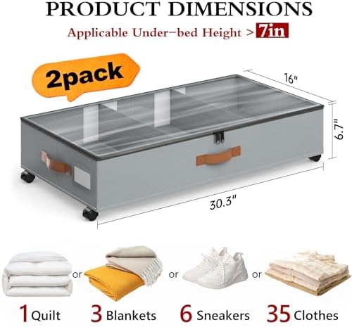 Yecaye Under Bed Storage with Wheels, 2 Pack Under Bed Storage Containers with Adjustable Dividers & Clear Window, Rolling Underbed Organizer Bins Drawers for Clothes, Shoes, Blankets, Grey - Image 4
