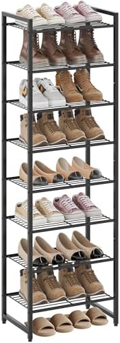 Nunsino Narrow Shoe Rack, 8-Tier Metal Shoe Organizer,Tall Shoe Shelf with Anti-Tip Strap, Max Holds 18 Pairs,Space Saving for Closet,Entryway,Black by Nunsino