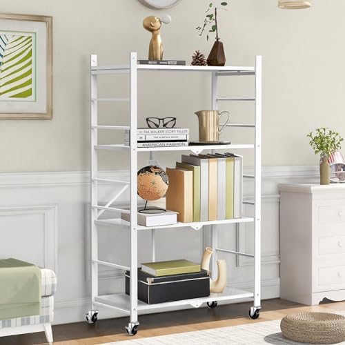 Himix 4-Tier Foldable Metal Storage Shelf with Wheels Kitchen White - Image 2