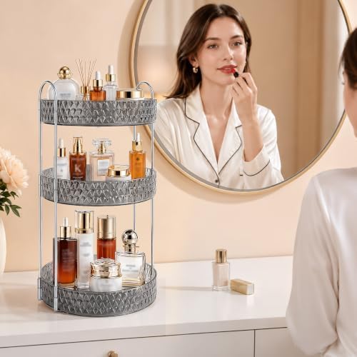 Large Capacity Rotating Makeup Organizer Perfume Stand Holder, 3 Tier Gray - Image 3