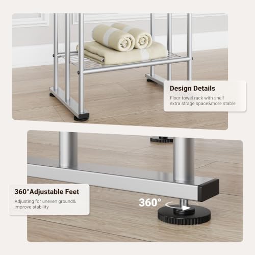 ELYKEN 3 Tier Freestanding Towel Rack with Shelf, 40" H Towel Stand, Silver - Image 5
