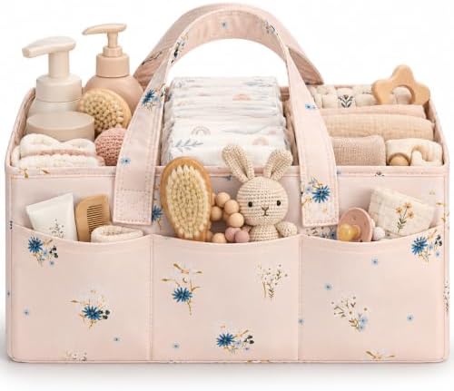 PeraBella Baby Diaper Caddy Organizer, Floral Baby Basket Shower Gift, Nursery Organizer Basket Newborn Boy & Girl Essential Items, Changing Table Organizer Caddy for Baby Stuff, Car Caddy- Pink Bloom by PeraBella