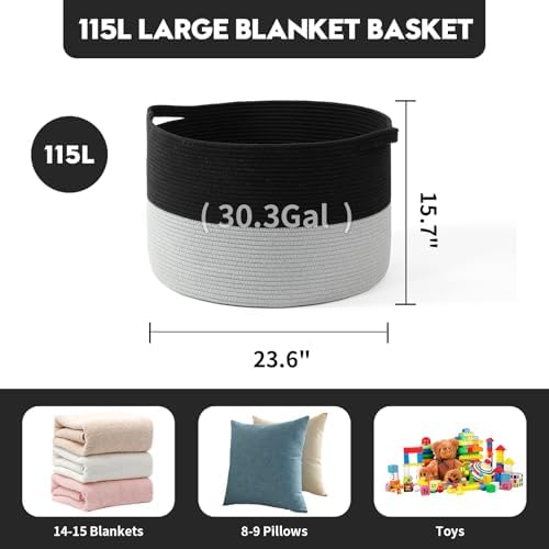 Foldable Laundry Hamper Basket with Collapsible Handle Cotton Rope Soft Woven Fabric Storage Organizer Clothes Toys Nursery Bedroom Dorm Space Saving Bin (Black & Grey, 115L(23.6"D x 15.7"H)) - Image 4