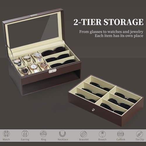 AUTOARK Leather 6 Watch Box & 9 Eyeglasses Storage Case,Brown,AW-130 - Image 6