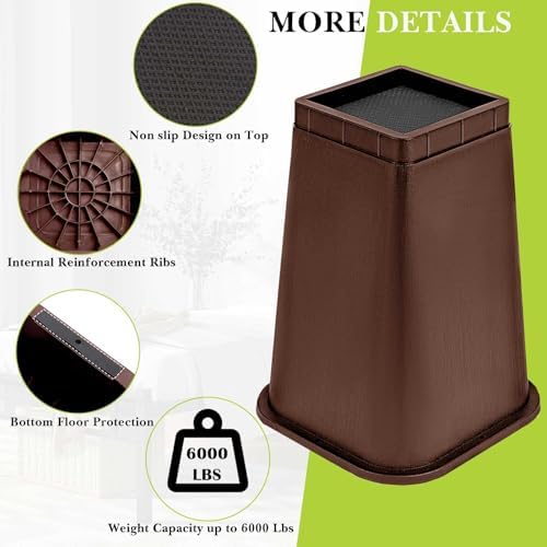 4 Pack Furniture Risers 8 Inch, Bed Risers Heavy Duty for Table Desk Couch Chair Sofa Cabinet Bed Frame Dorm, Square Table Leg Risers Lift Height 8", Chocolat Brown - Image 6