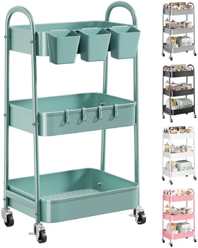 3 Tier Green Metal Rolling Cart with Lockable Wheels, 3 Tiered Roller Shelf by Recximi