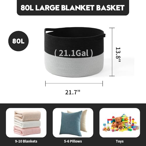 Foldable Laundry Hamper Basket with Collapsible Handle Cotton Rope Soft Woven Fabric Storage Organizer Clothes Toys Nursery Bedroom Dorm Space Saving Bin (Black & Grey, 80L(21.7"D x 13.8"H)) - Image 5