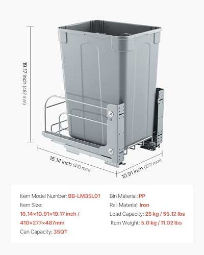 VEVOR Pullout Trash Can for Kitchen Cabinets, 35 QT Garbage Waste Recycling Bin, Under Mount Waste Container, with Heavy Duty Metal Soft Close Sliding System and Door Kit, for Sink, Under Counter - Image 7