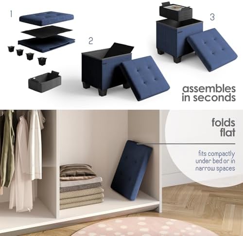 Storage Ottoman Cube with Small Bin, 15-in Square Ottoman with Storage for Living Room and Bedroom, Small Ottomans Foot Rest, Velvet Foot Stools Ottomans Max 330lbs, Blue - Image 3