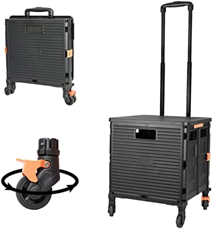 Utility Cart Folding Portable Rolling Crate Handcart with Lid Durable Heavy Duty Plastic Telescoping Handle Collapsible 360 Degree Rotate Wheels for Travel Shopping Moving Luggage Office Use,Black by FELICON