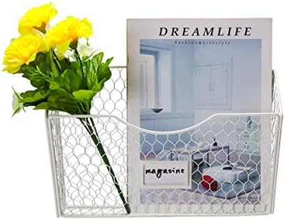 PAG-Mass 3 Pockets Hanging File Holder Wall Mount Mail Organizer Metal Chicken Wire Magazine Rack with Tag Slot, White - Image 2