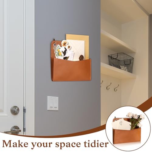 PU Leather Mail Holder Wall Mount 9.8x7.7 Inch Brown Letter Holder Vintage Hanging Mail Organizer 2 Ring Bill Organizer for Wall Decor Storage Letter Postcards Bill Flowers Office Home - Image 6