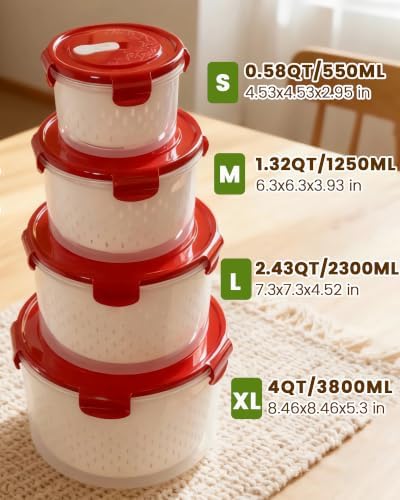 TBMax 8 Pieces Airtight Fruit Storage Containers for Fridge with Air Circulation Vent, 4 Pack Round Produce Saver with Colander for Berry Lettuce Salad Vegetable Storage, Refrigerator Organizers -Red - Image 3