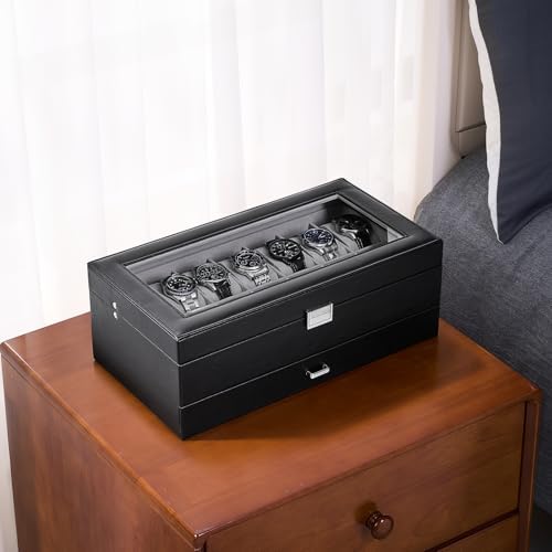 ProCase Watch Box, 14 Slot Watch Case for Men with Drawer, Black - Image 3