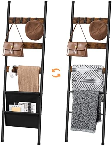 HOOBRO Blanket Ladder, 5 Tier Towel Rack, 17.3" L x 63" H, Wall-Leaning Blanket Rack for Living Room, Decorative Ladder with 4 Hooks and Magazine Pocket, Rustic Brown BF32CJ01 - Image 4