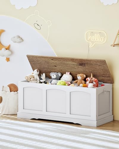 CHOEZON 39.4" Storage Chest Bench with Safety Hinge Wooden Storage Bench, Entryway Shoe Bench, Toy Chest for Living Room, Bedroom, Hall, White and Walnut MCW12WL - Image 3