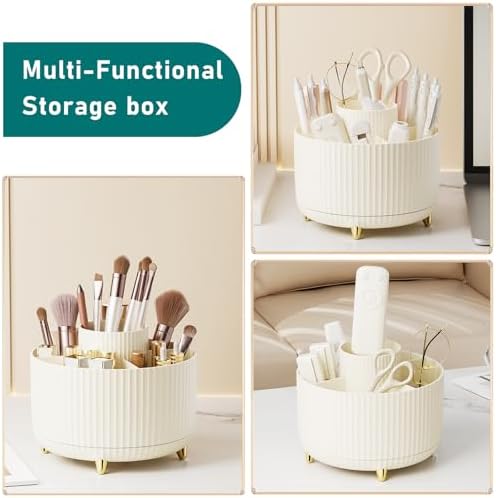 Diesisa Makeup Brush Holder Organizer,360° Rotating Makeup Brush Organizer,5 Slot Make up Brushes Cup for Cosmetics, Nail Polish, Art Supply, Bathroom Vanity Desktop Organizer - Cream - Image 3