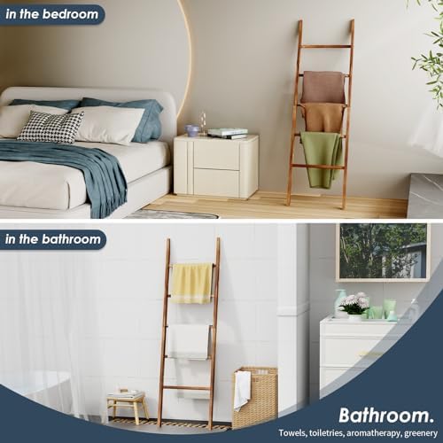 5-Tier Blanket Ladder Wooden, 5.3FT(63'') Blanket Quilt Holder Rack Decorative Ladders, Easy Assembly, Rustic Farmhouse Ladder Shelf for The Living Room Bedroom Bathroom Home Decor, Brown - Image 5
