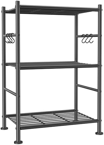 Sakugi Storage Shelves - 3-Tier Large Capacity Shelf Organizer with Hooks, Heavy-Duty Garage Shelving with Leveling Feet, Wobble-Free Rack for Bedroom, Balcony, Garage, 18.1"×12.4"×29.4", Black by Sakugi